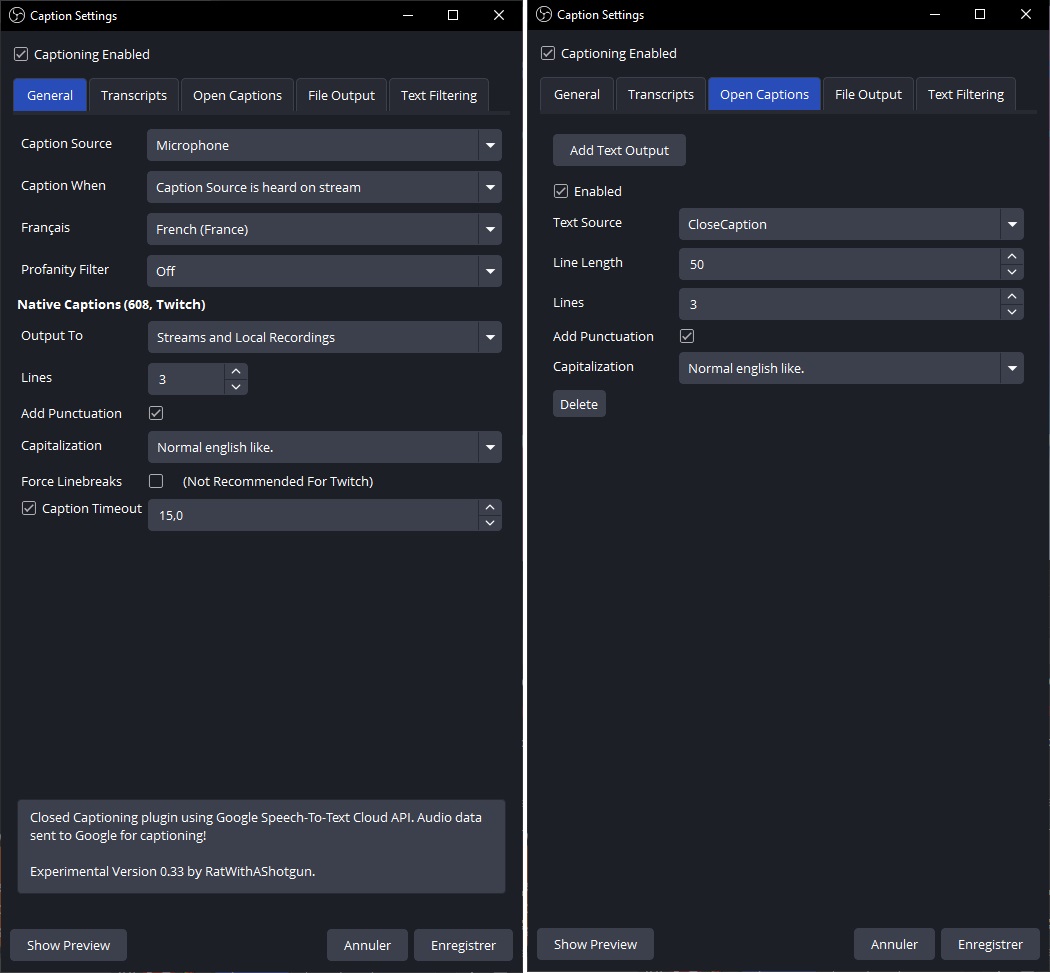 La configuration du plugin de close captioning dans OBS.