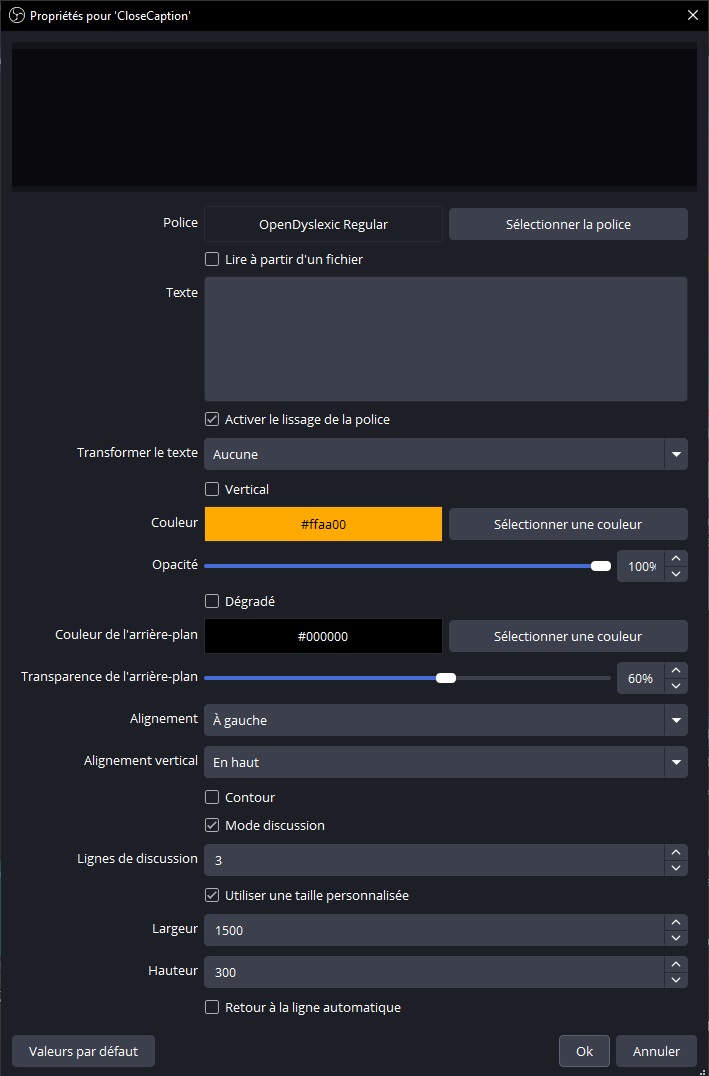 La configuration de la source texte dans OBS.