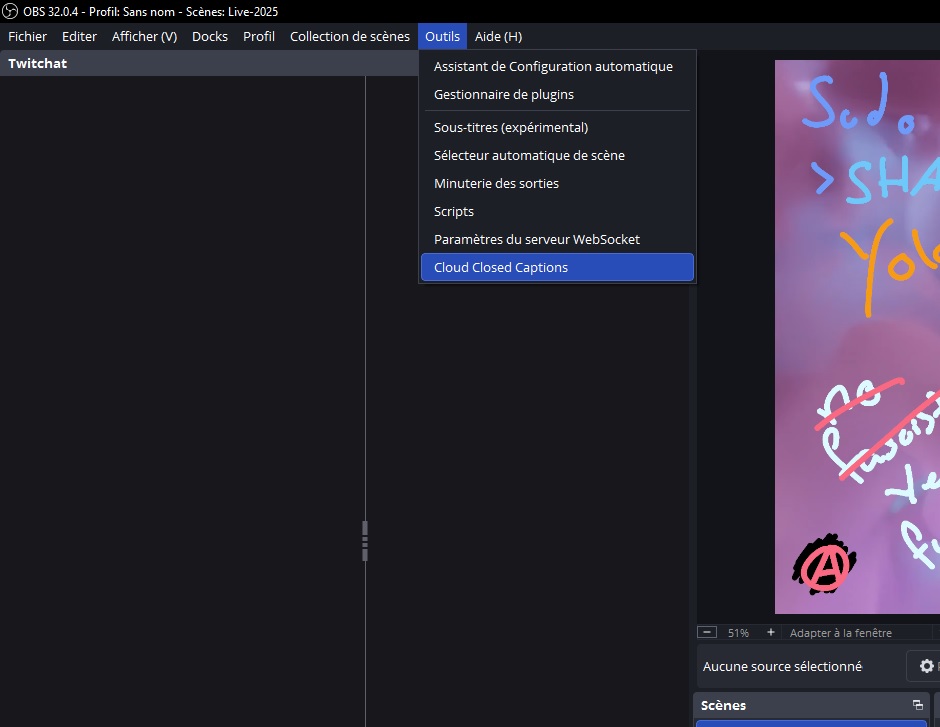 Une capture dans OBS du menu pour atteindre les options du plugin dans : Outil -> Could Close Caption