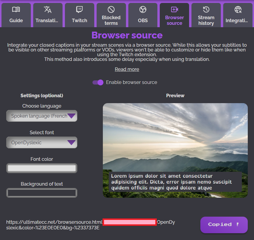 Une capture du site Ultimate Close Caption, sur l'onglet 'Browser source'. Dans cet onglet les configuration de l'apparence des sous-titre sont exposé, ainsi que le lien de 0l'intégratin Twitch.