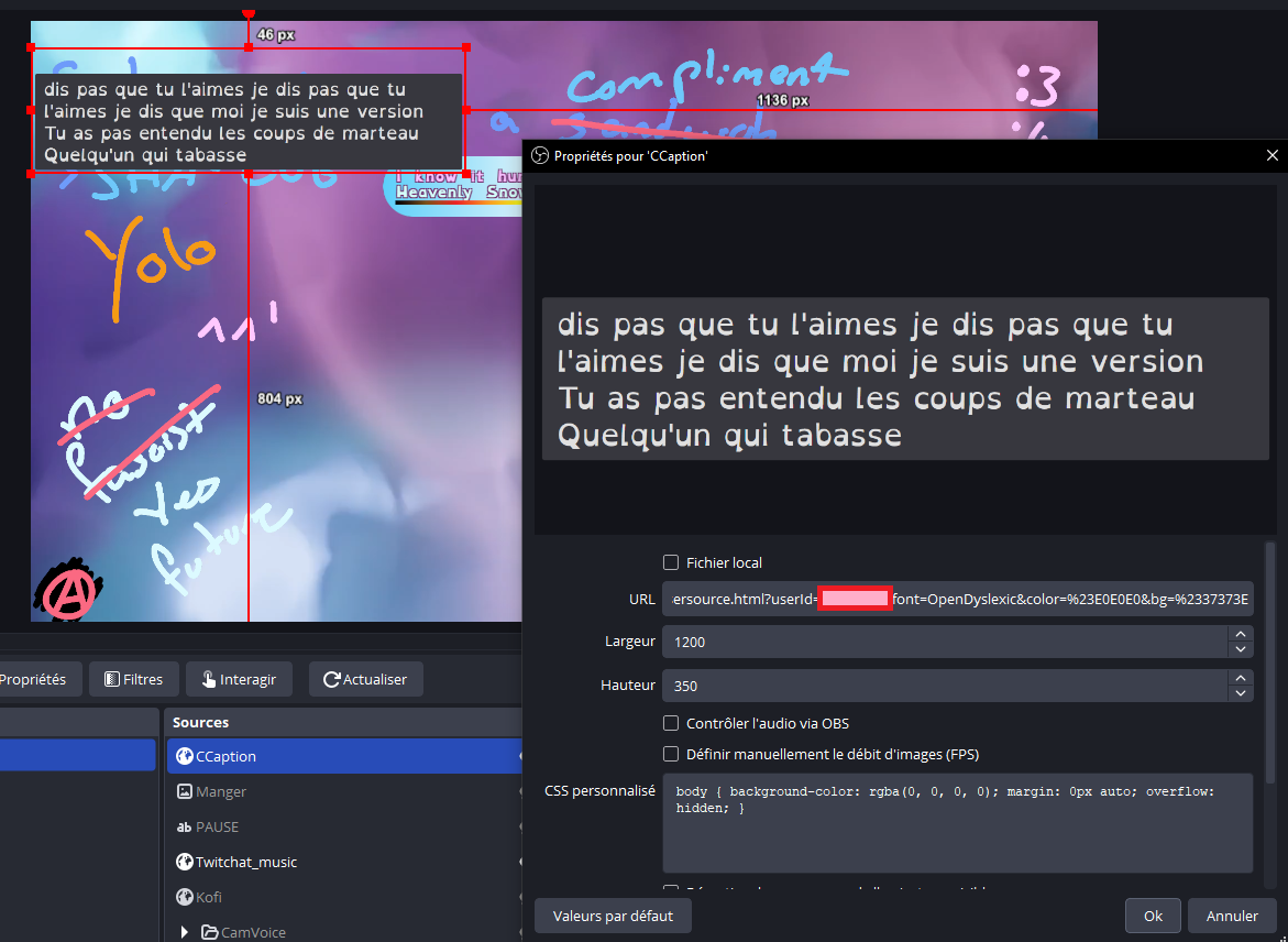 Une capture dans OBS avec la configuration de la source WEB. La largeur de 1200 et la hauteur de 350.